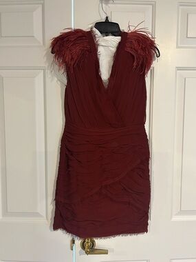 Madison Marcus Wine Red Feather-Shoulder Mini Dress